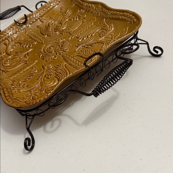 Ornate Square Ceramic Dish with Metal Stand - Picture 4 of 5